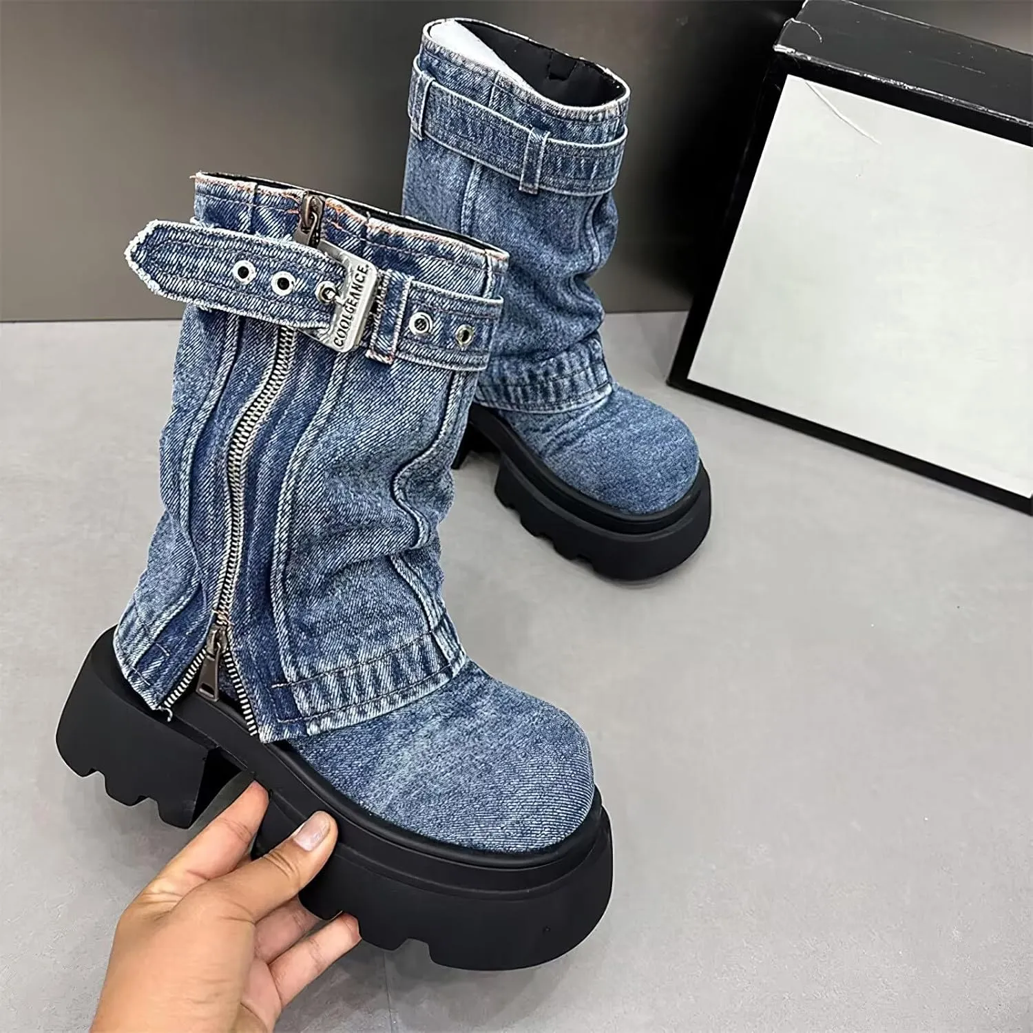 rismart Women's Mid Calf Round Toe Platform Chunky Heels Fold Over Denim Boots