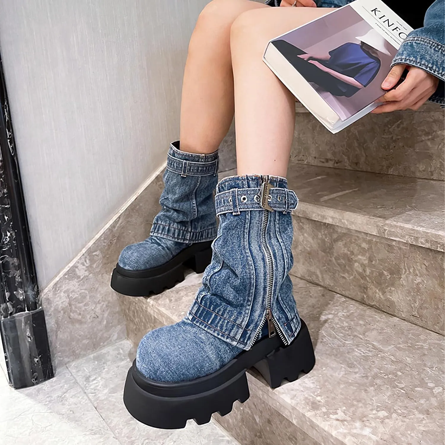 rismart Women's Mid Calf Round Toe Platform Chunky Heels Fold Over Denim Boots