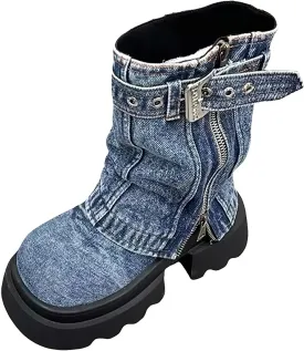 rismart Women's Mid Calf Round Toe Platform Chunky Heels Fold Over Denim Boots