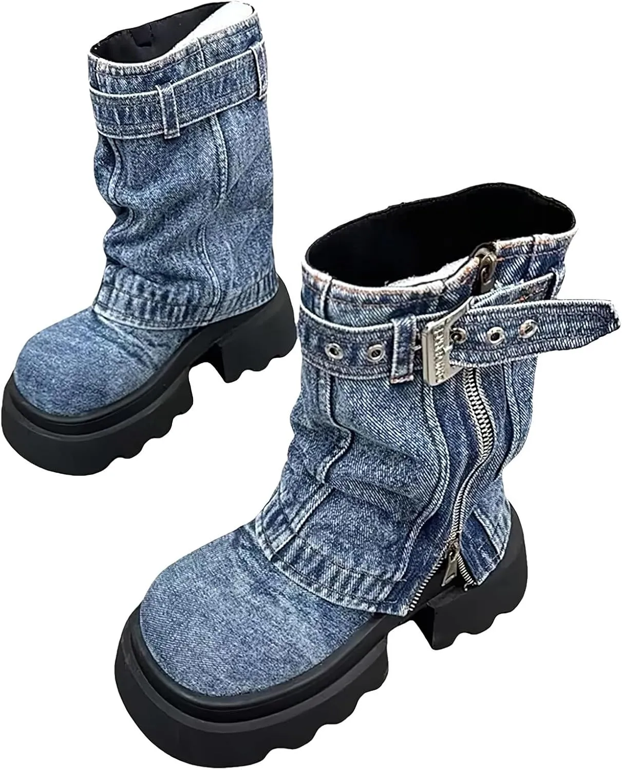 rismart Women's Mid Calf Round Toe Platform Chunky Heels Fold Over Denim Boots