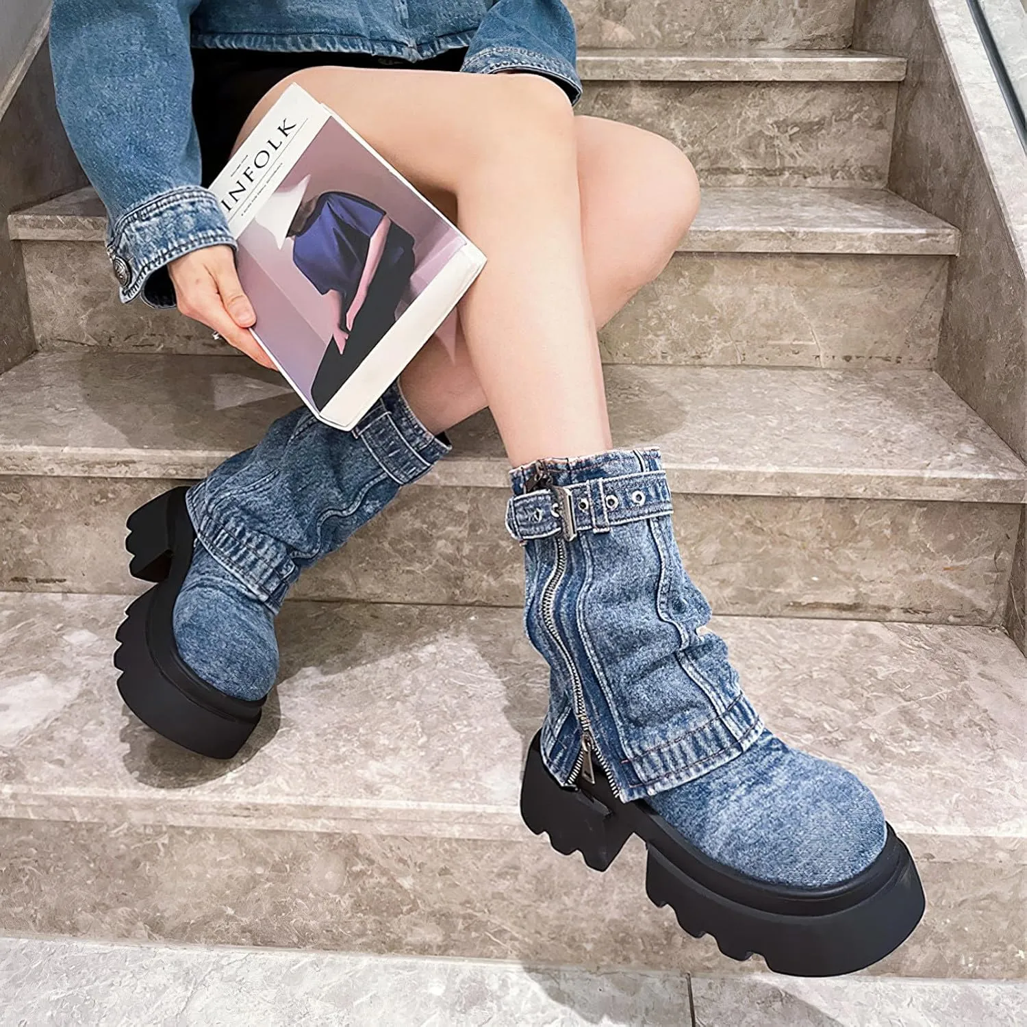 rismart Women's Mid Calf Round Toe Platform Chunky Heels Fold Over Denim Boots