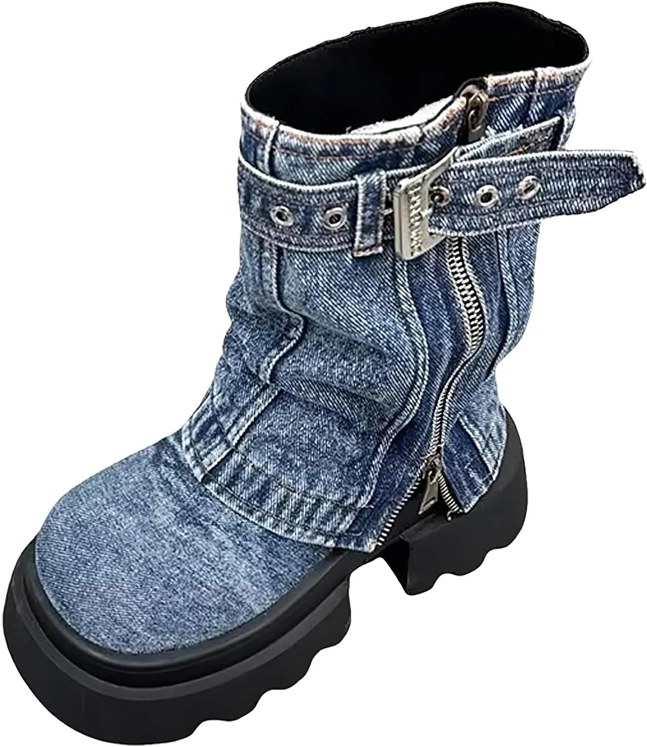 rismart Women's Mid Calf Round Toe Platform Chunky Heels Fold Over Denim Boots