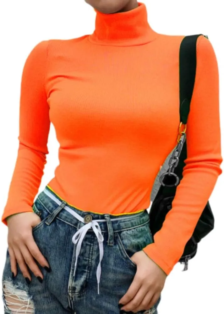 Roselux Women Long Sleeve Knit Ribbed Turtleneck Layer Tops Neon Green Elastic Shirt Pullovers Slim Fit Sweater