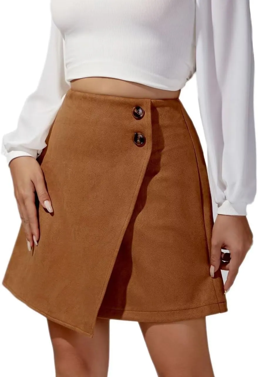 Sheface Women's Faux Suede Irregular Hem Skirt Solid High Waist Zipper A-Line Mini Bodycon Skirt