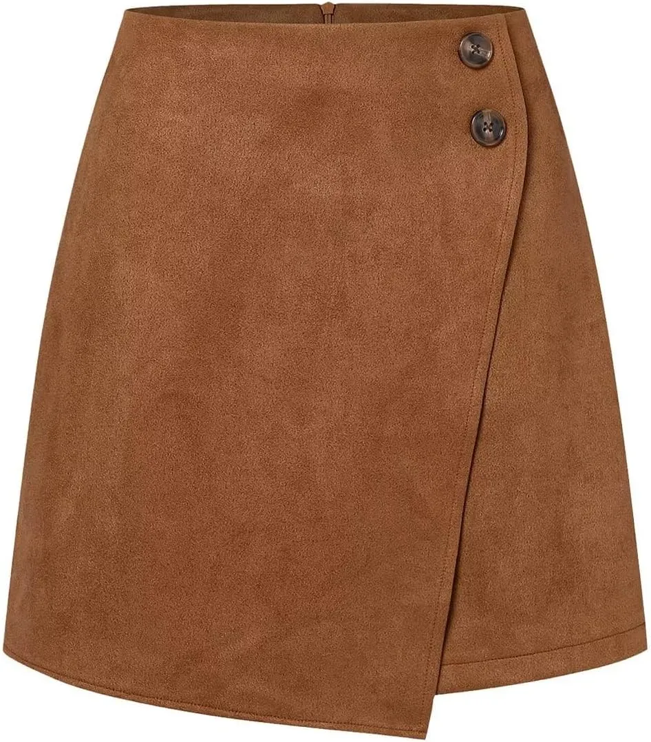 Sheface Women's Faux Suede Irregular Hem Skirt Solid High Waist Zipper A-Line Mini Bodycon Skirt