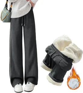 Sherpa Lined Sweatpants Women Drawstring Waistband Winter Warm Wide Leg Athletic Jogger Fleece Pants with Pockets