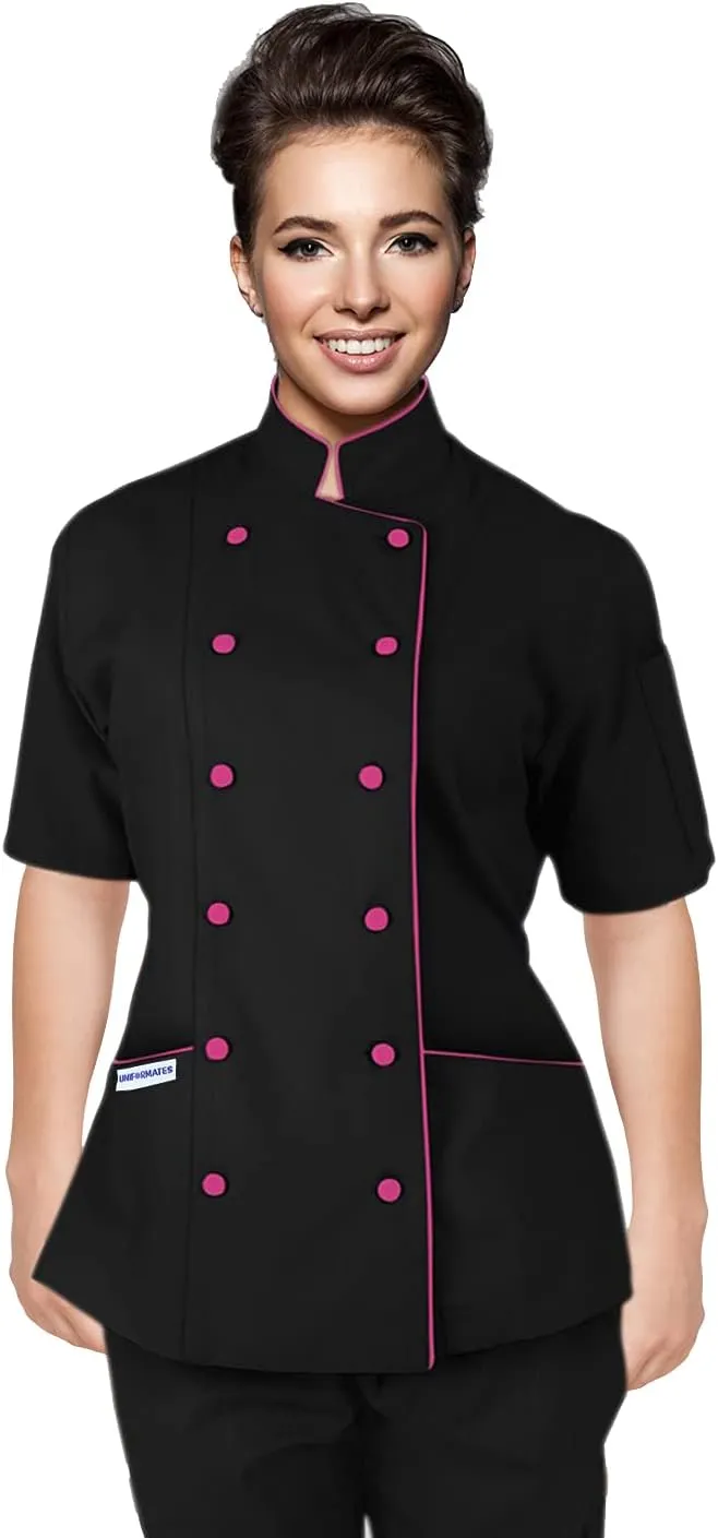 Short Sleeves Tailored Fit Chef Coat Jacket Uniform for Women for Food Service, Caterers, Bakers and Culinary Professional