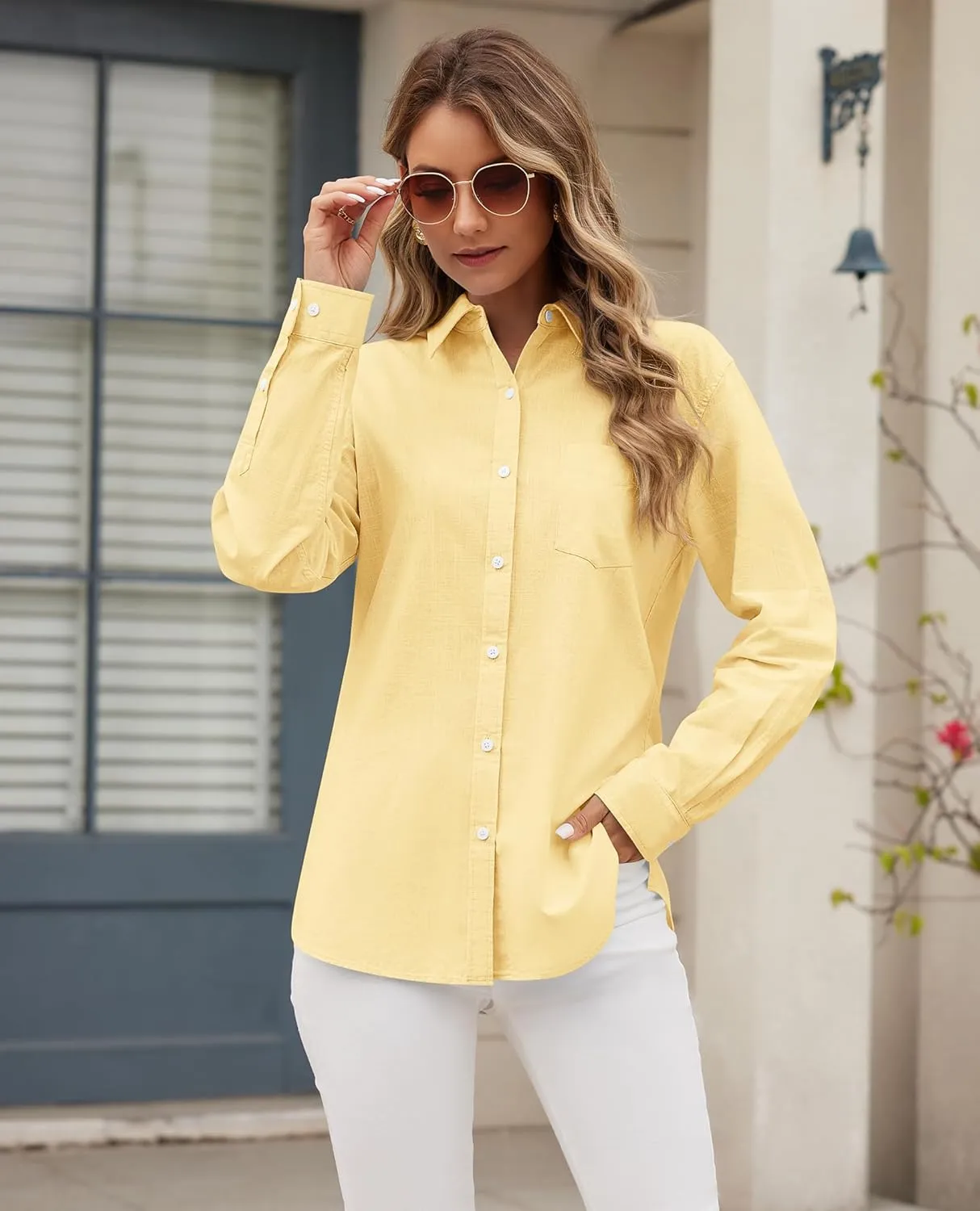 siliteelon Linen Shirts Button Down Shirts for Women Long Sleeve Summer Shirt Casual Beach Work Collared Cotton Linen Tops