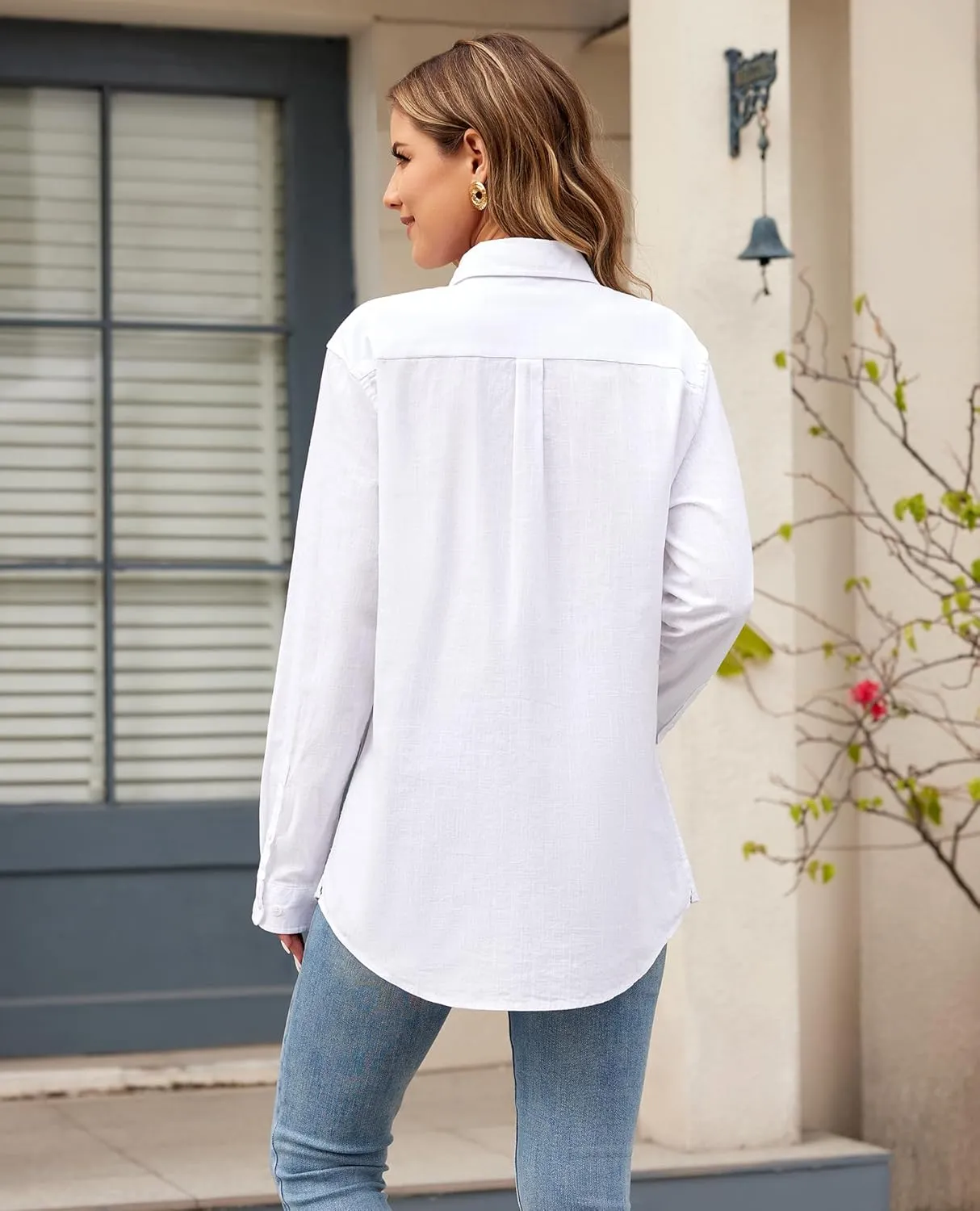 siliteelon Linen Shirts Button Down Shirts for Women Long Sleeve Summer Shirt Casual Beach Work Collared Cotton Linen Tops