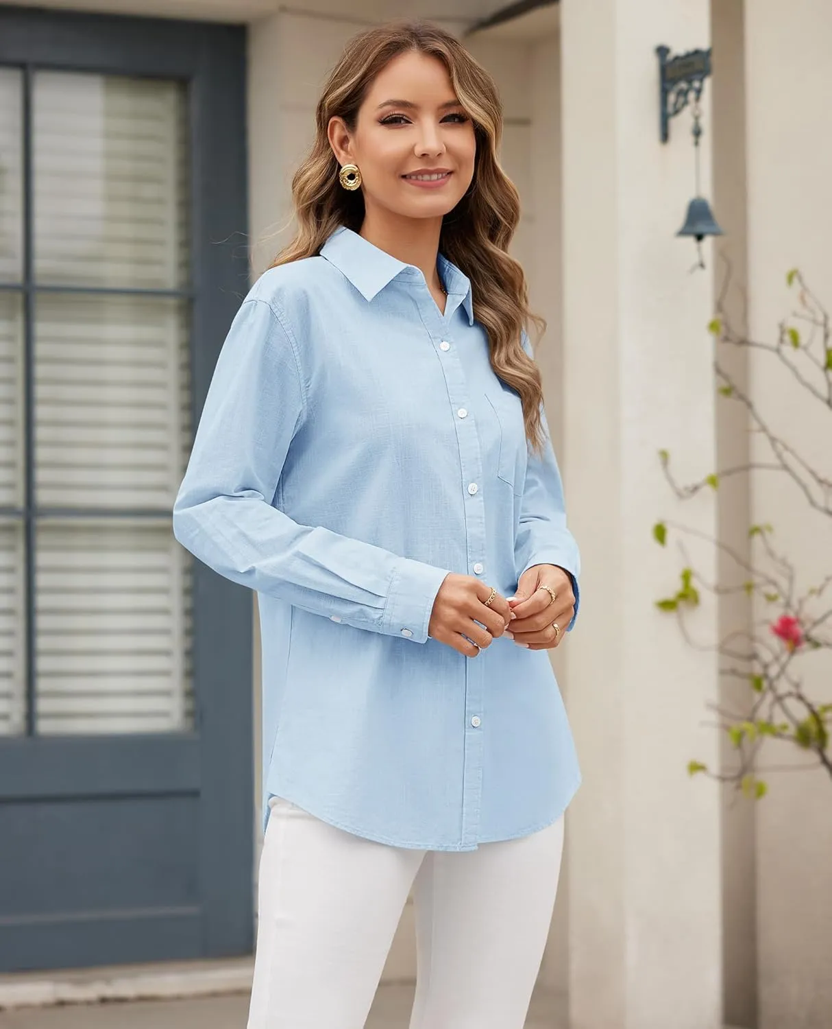 siliteelon Linen Shirts Button Down Shirts for Women Long Sleeve Summer Shirt Casual Beach Work Collared Cotton Linen Tops