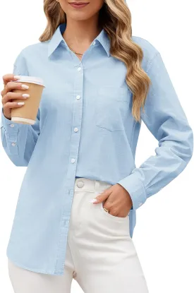 siliteelon Linen Shirts Button Down Shirts for Women Long Sleeve Summer Shirt Casual Beach Work Collared Cotton Linen Tops