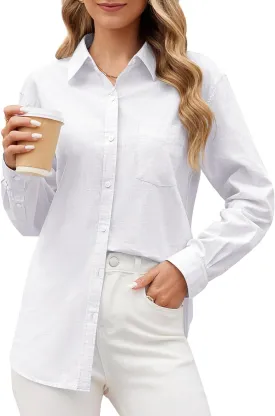 siliteelon Linen Shirts Button Down Shirts for Women Long Sleeve Summer Shirt Casual Beach Work Collared Cotton Linen Tops
