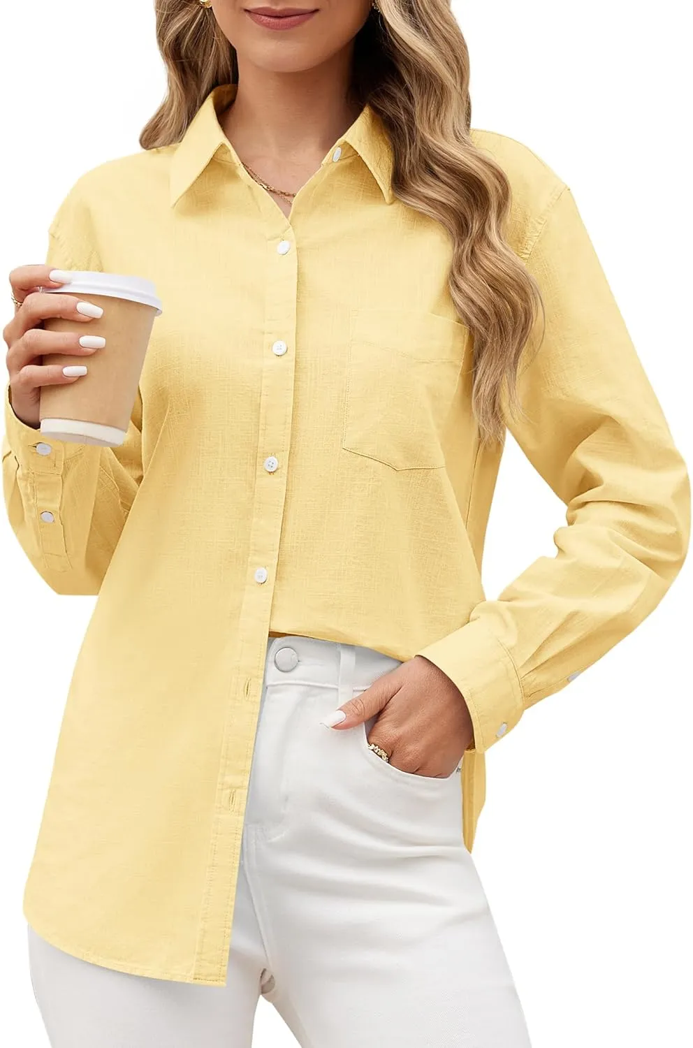 siliteelon Linen Shirts Button Down Shirts for Women Long Sleeve Summer Shirt Casual Beach Work Collared Cotton Linen Tops