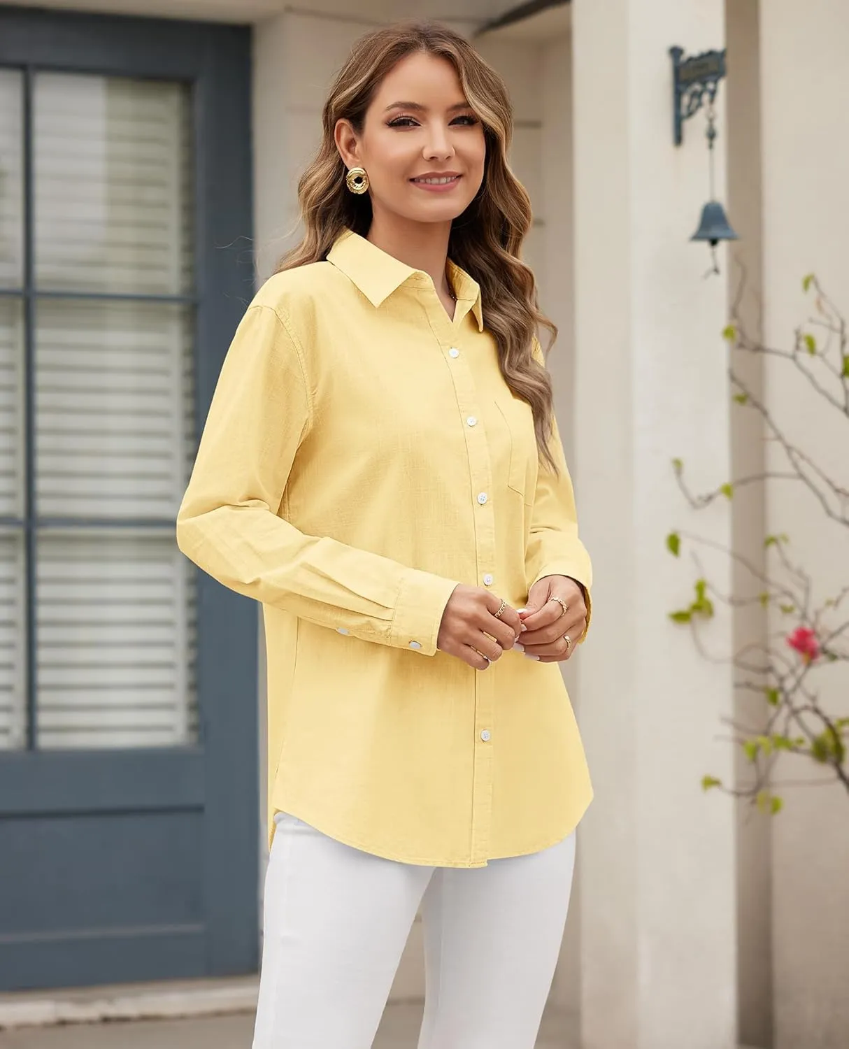 siliteelon Linen Shirts Button Down Shirts for Women Long Sleeve Summer Shirt Casual Beach Work Collared Cotton Linen Tops