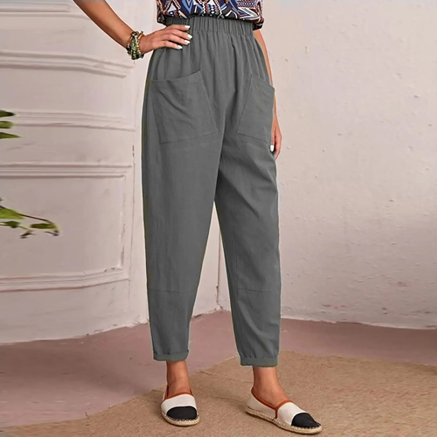 SMIDOW Womens Cotton Linen High Waist Pants Plus Size Casual Elastic Straight Leg Cropped Pant Trousers with Pockets
