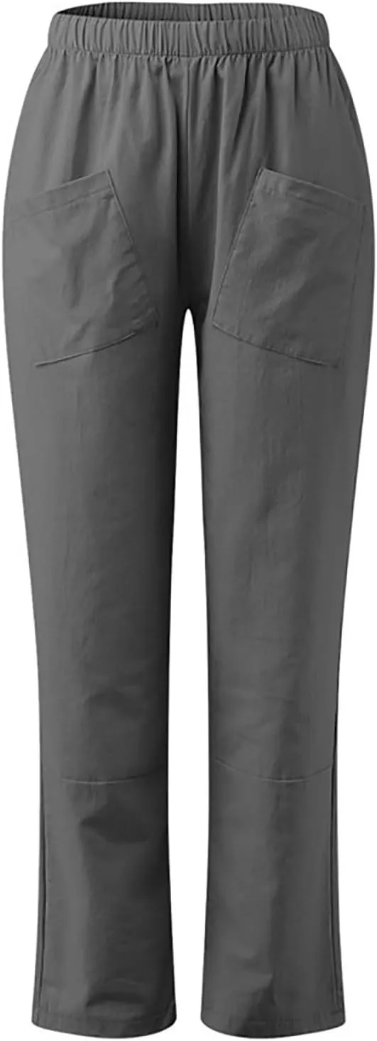 SMIDOW Womens Cotton Linen High Waist Pants Plus Size Casual Elastic Straight Leg Cropped Pant Trousers with Pockets