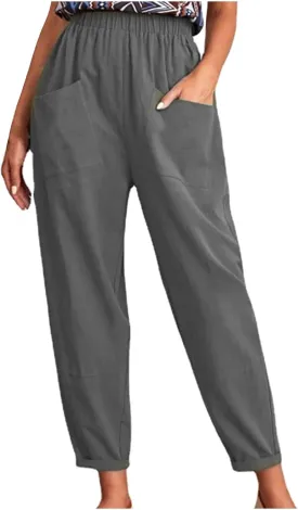 SMIDOW Womens Cotton Linen High Waist Pants Plus Size Casual Elastic Straight Leg Cropped Pant Trousers with Pockets