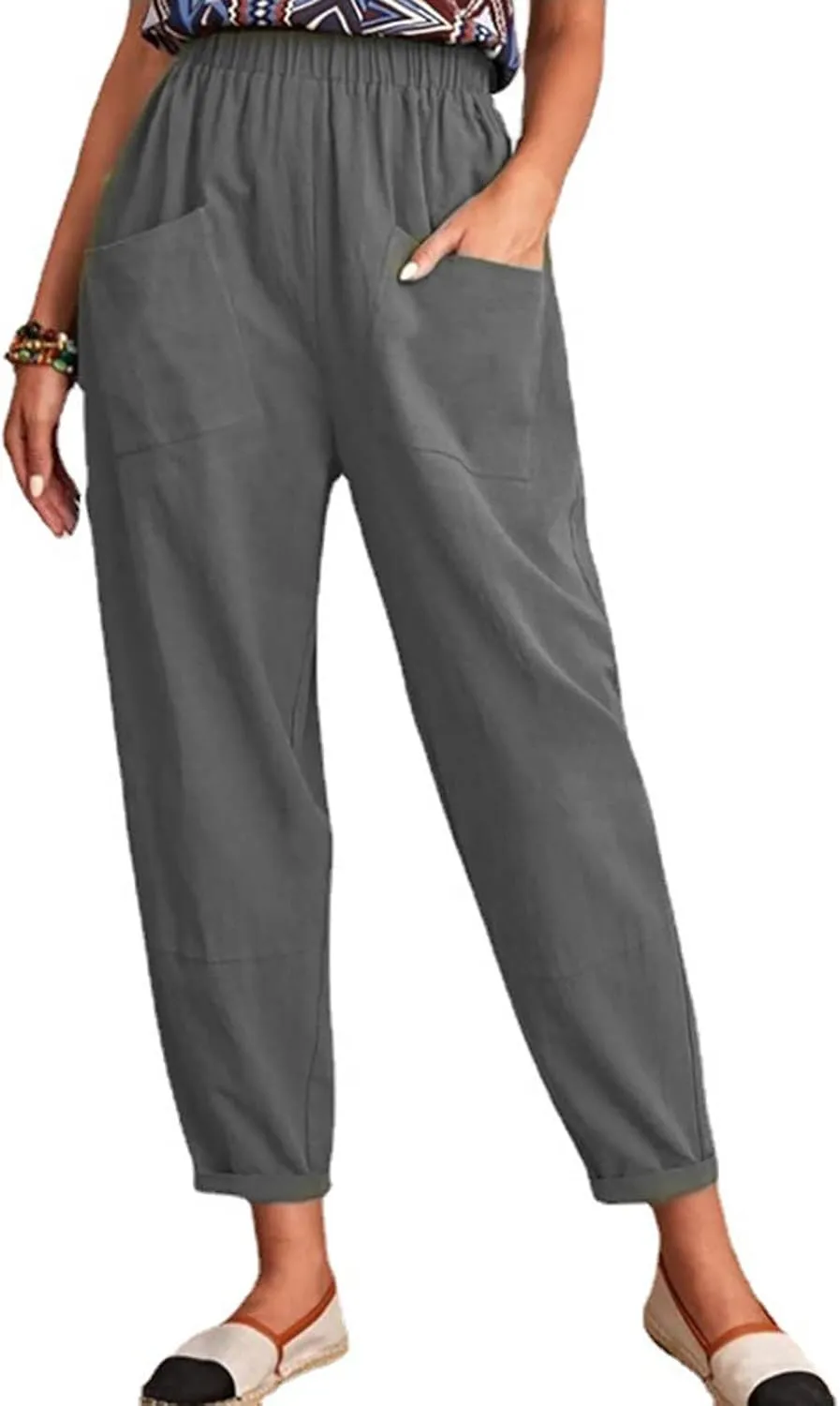 SMIDOW Womens Cotton Linen High Waist Pants Plus Size Casual Elastic Straight Leg Cropped Pant Trousers with Pockets