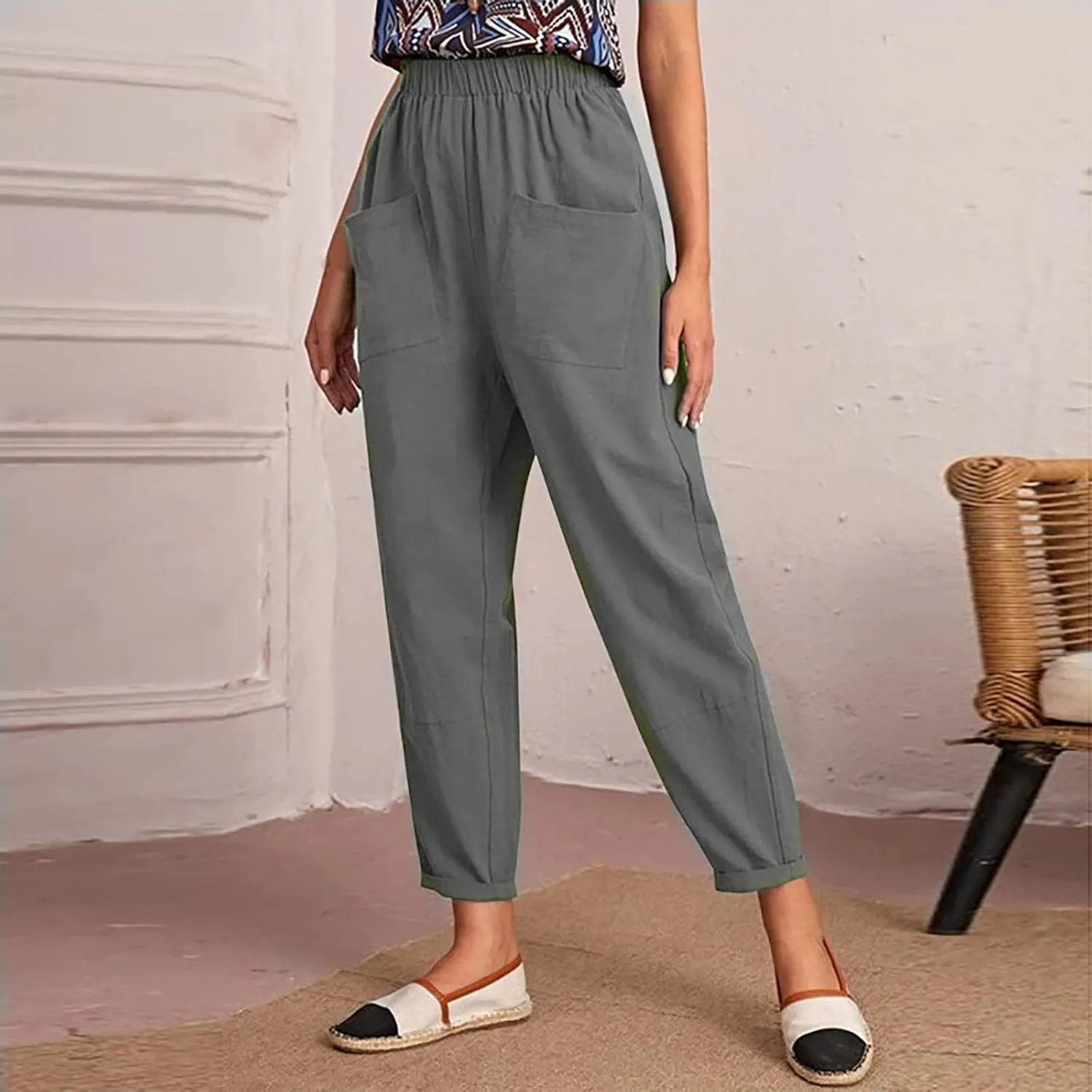 SMIDOW Womens Cotton Linen High Waist Pants Plus Size Casual Elastic Straight Leg Cropped Pant Trousers with Pockets