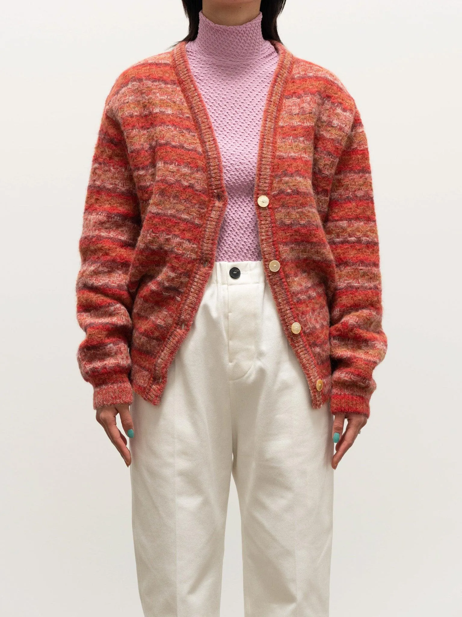 Space Dyed Basket Check Cardigan - Brick Red