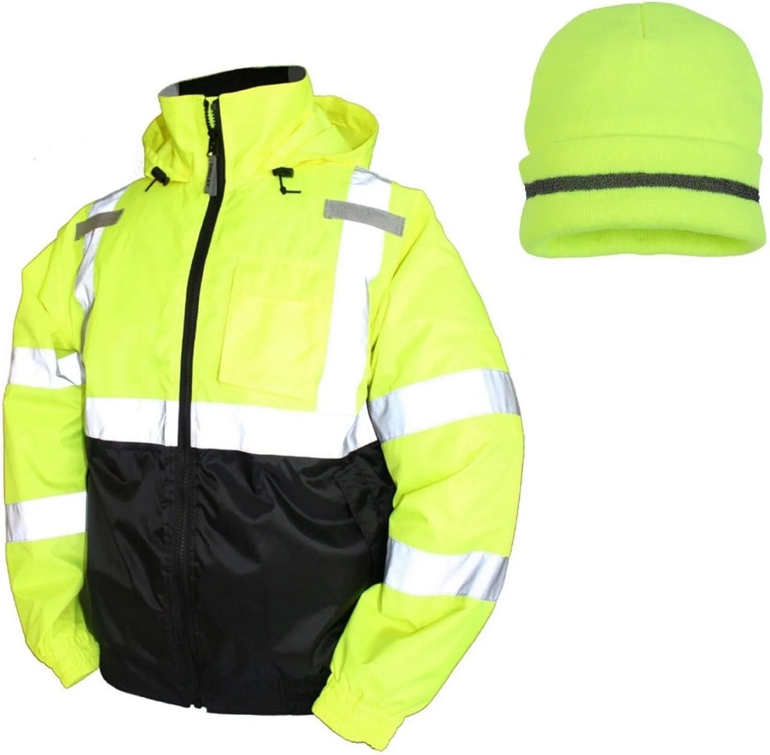TINGLEY Bomber II Hi-Vis Lime Jacket J26112 Winter Safety with Hi-Vis Lime Winter Weather Beanie Hat (XL)