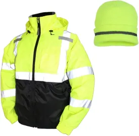 TINGLEY Bomber II Hi-Vis Lime Jacket J26112 Winter Safety with Hi-Vis Lime Winter Weather Beanie Hat (XL)