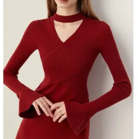 Toleet winter outfits Black Friday Christmas Thanksgiving French Style Red Knitted Dress Women's Autumn and Winter Half Turtleneck Hollow-out Slim Sweater Dress