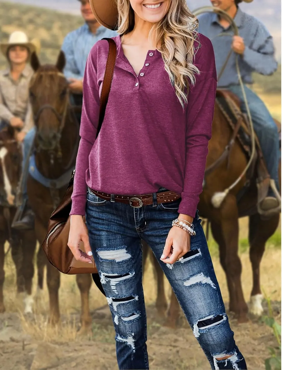 Topstype Womens Henley Tops Long Sleeve Shirts Thermal Pullover Casual Loose Fit Henley Neck Tunics