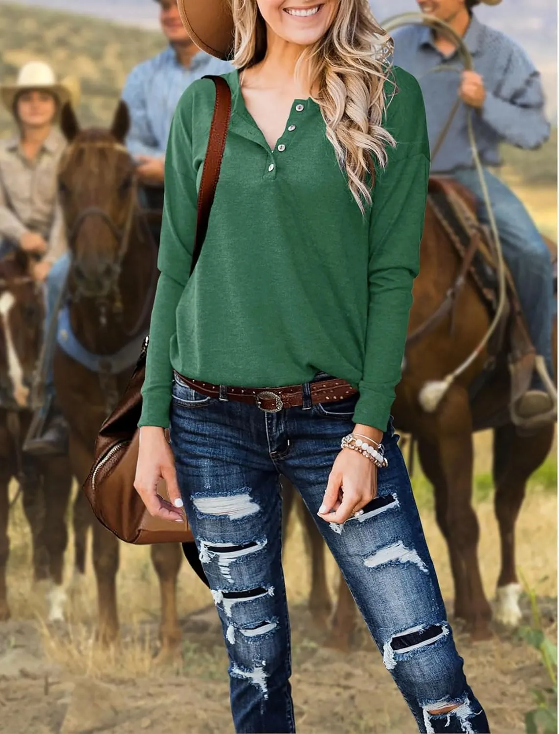 Topstype Womens Henley Tops Long Sleeve Shirts Thermal Pullover Casual Loose Fit Henley Neck Tunics