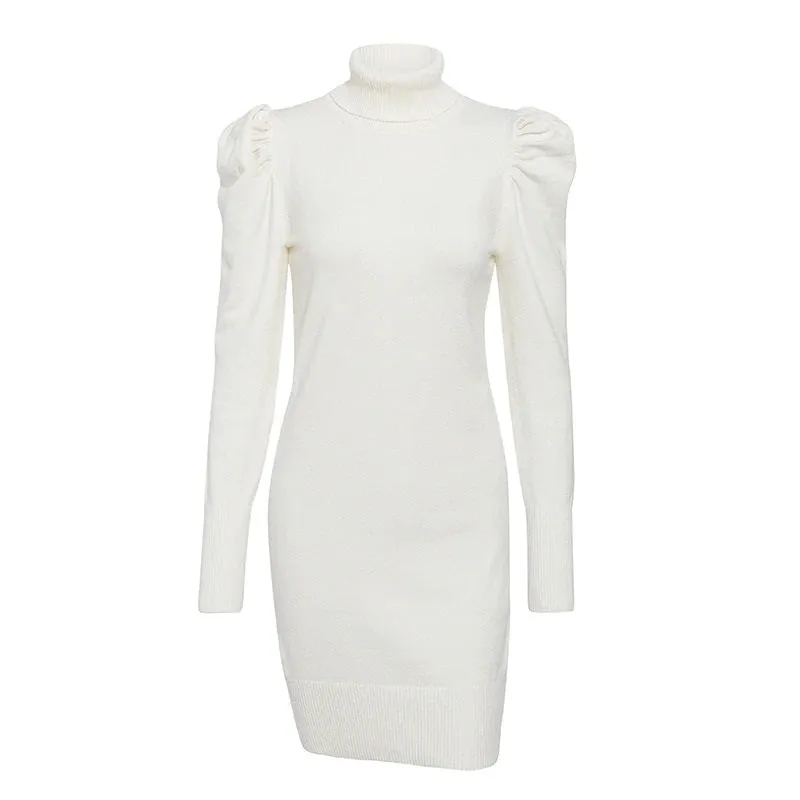 Turtle Neck Bodycon Winter Knitted Puff Shoulder Sweater Sexy Solid Autumn Dress