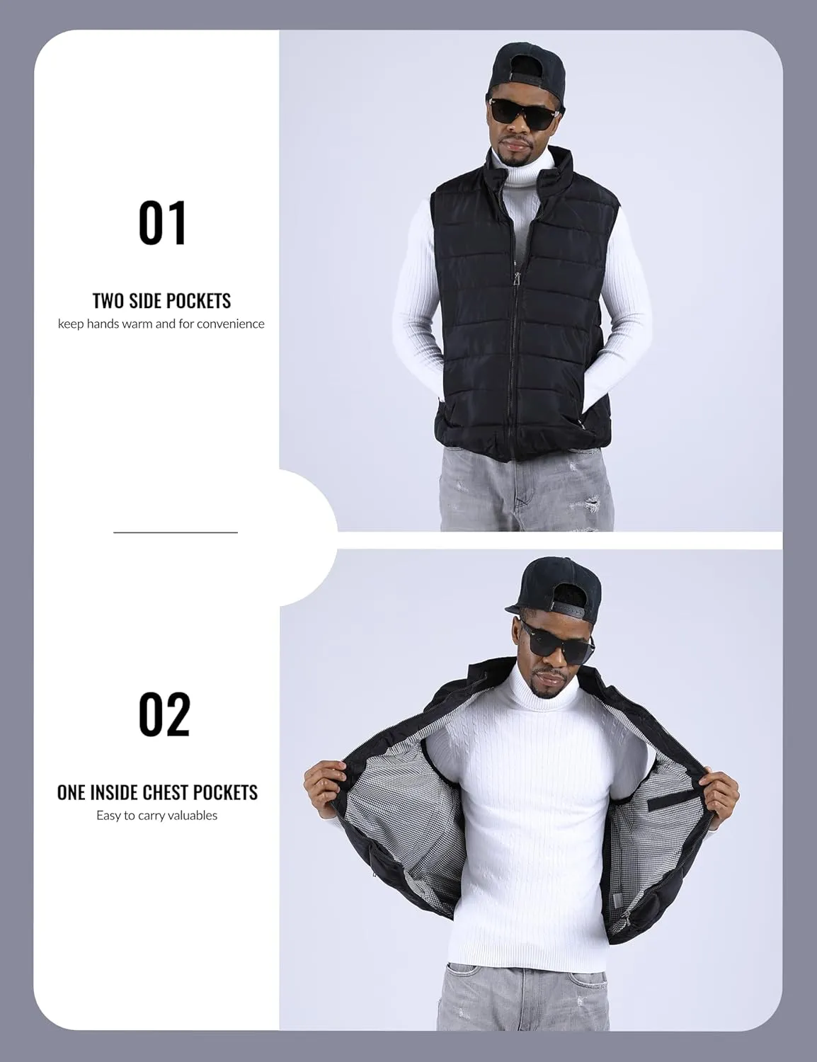 UANEO Men's Thicken Classic Sleeveless Stand Collar Solid Color Side Pockets Quilted Puffer Vest Outwear
