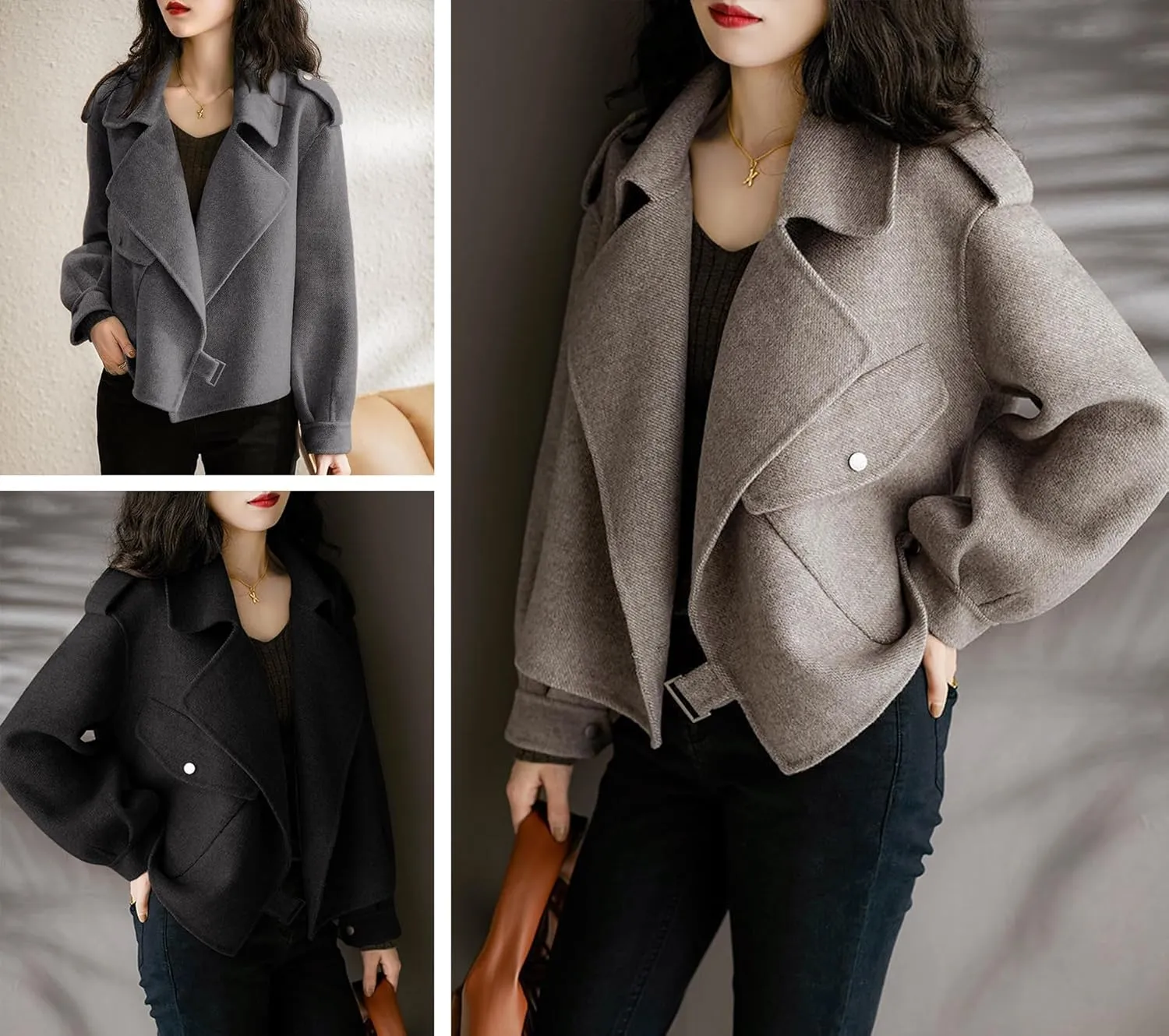 utcoco Women Cropped Wool Coats Notched Lapel Pea Coat Open Front Trench Overcoat Jackets with Pockets