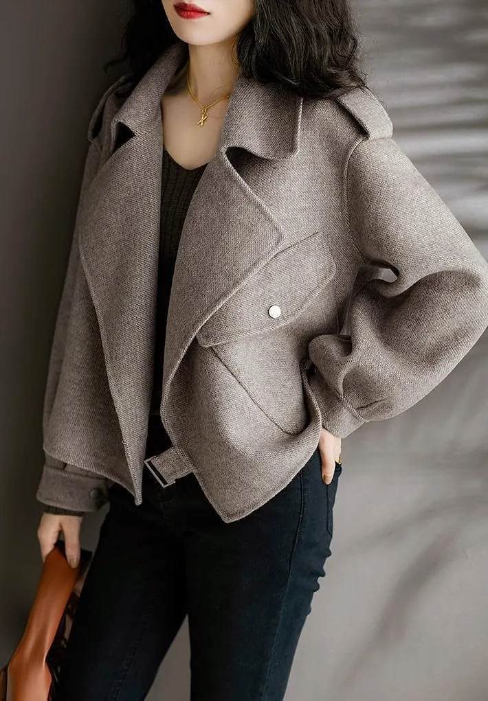 utcoco Women Cropped Wool Coats Notched Lapel Pea Coat Open Front Trench Overcoat Jackets with Pockets