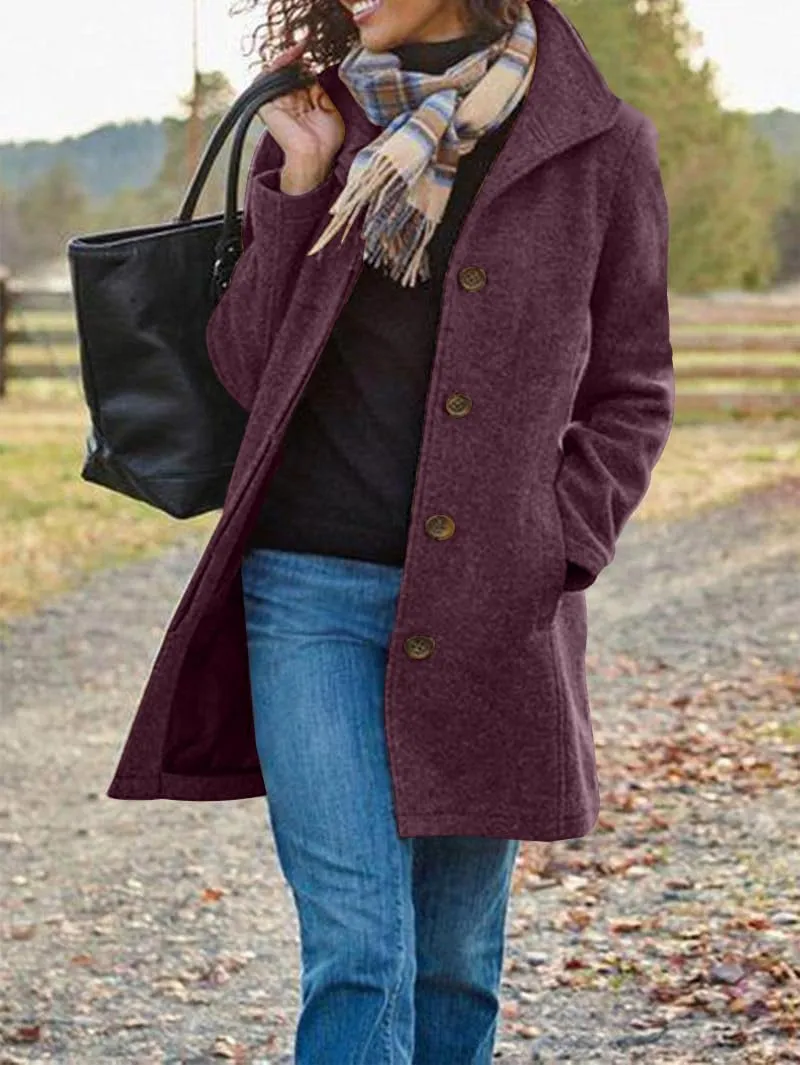 utcoco Women's Casual Thicken Single Breasted Pea Coat Stand Collar Mid Long Wool Coats with Pockets