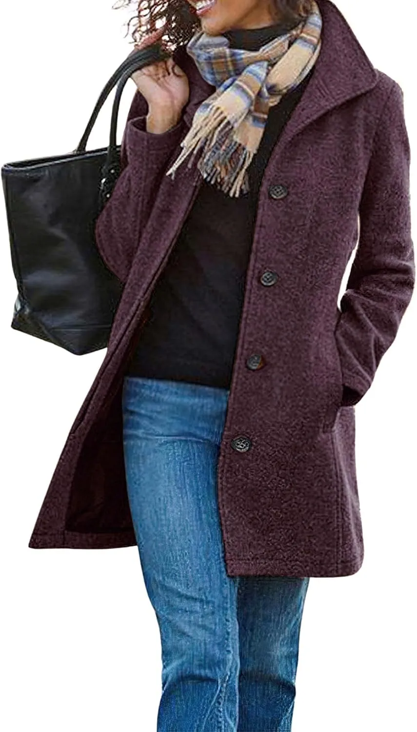 utcoco Women's Casual Thicken Single Breasted Pea Coat Stand Collar Mid Long Wool Coats with Pockets