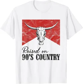 Vintage Western Bull Skull Raised On 90's Country Music T-Shirt
