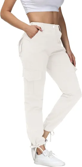 Women Cargo Pants High Waisted Casual Hiking Joggers Pants Adjustable Waist Cargos with 6 Pockets