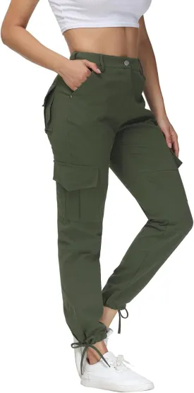 Women Cargo Pants High Waisted Casual Hiking Joggers Pants Adjustable Waist Cargos with 6 Pockets