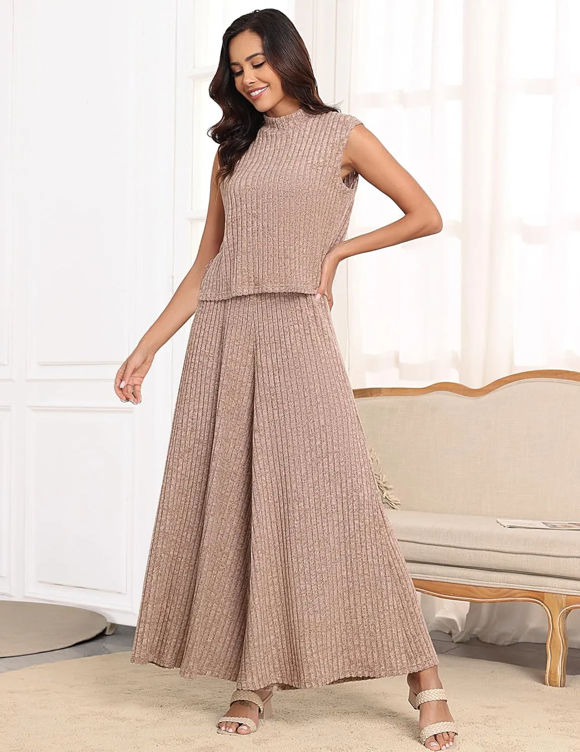 Womens 2 Piece Sets Sleeveless with Wide Leg Pants with Pockets Lounge Wear Outfits Pajama Sets
