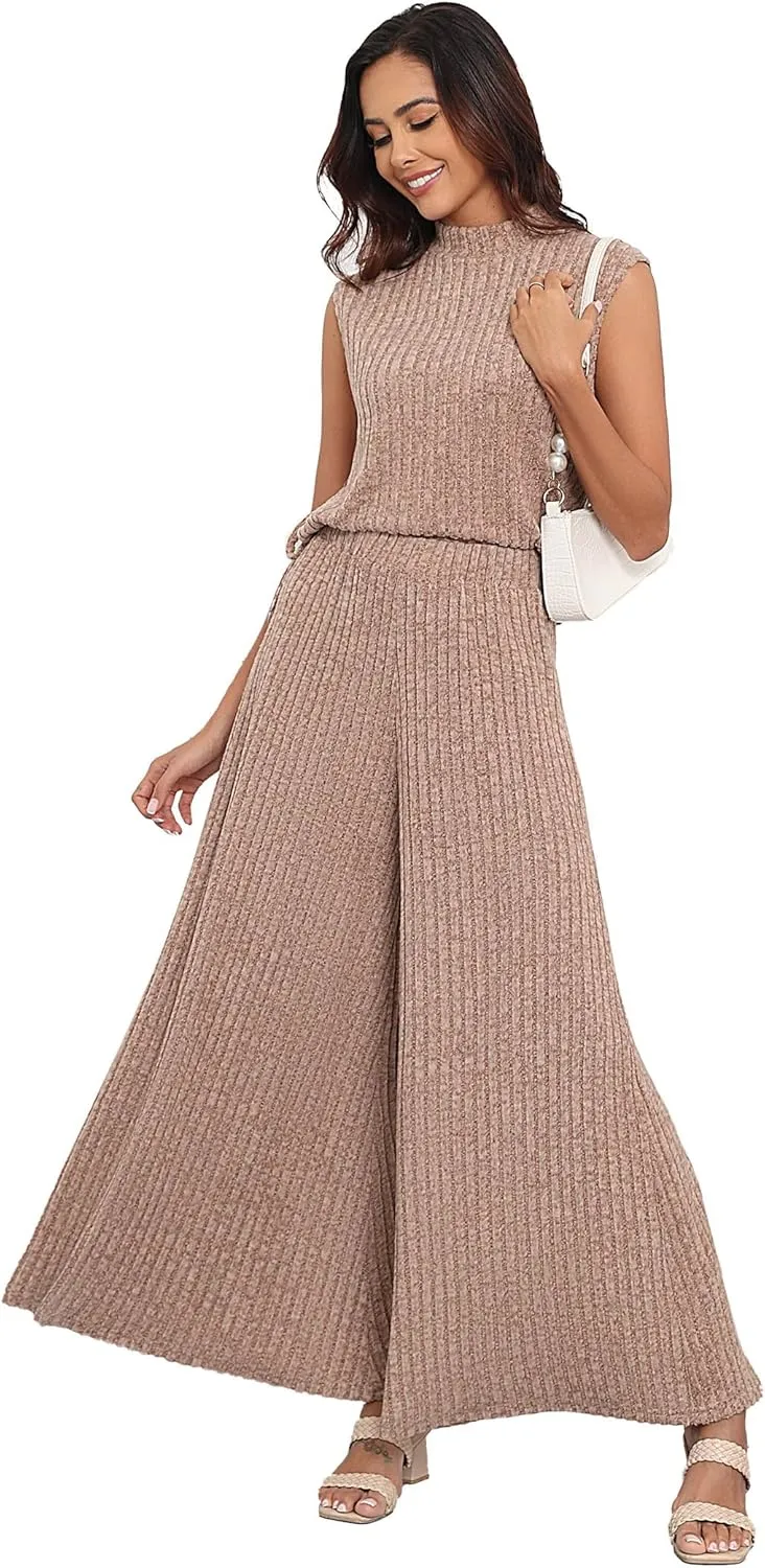 Womens 2 Piece Sets Sleeveless with Wide Leg Pants with Pockets Lounge Wear Outfits Pajama Sets