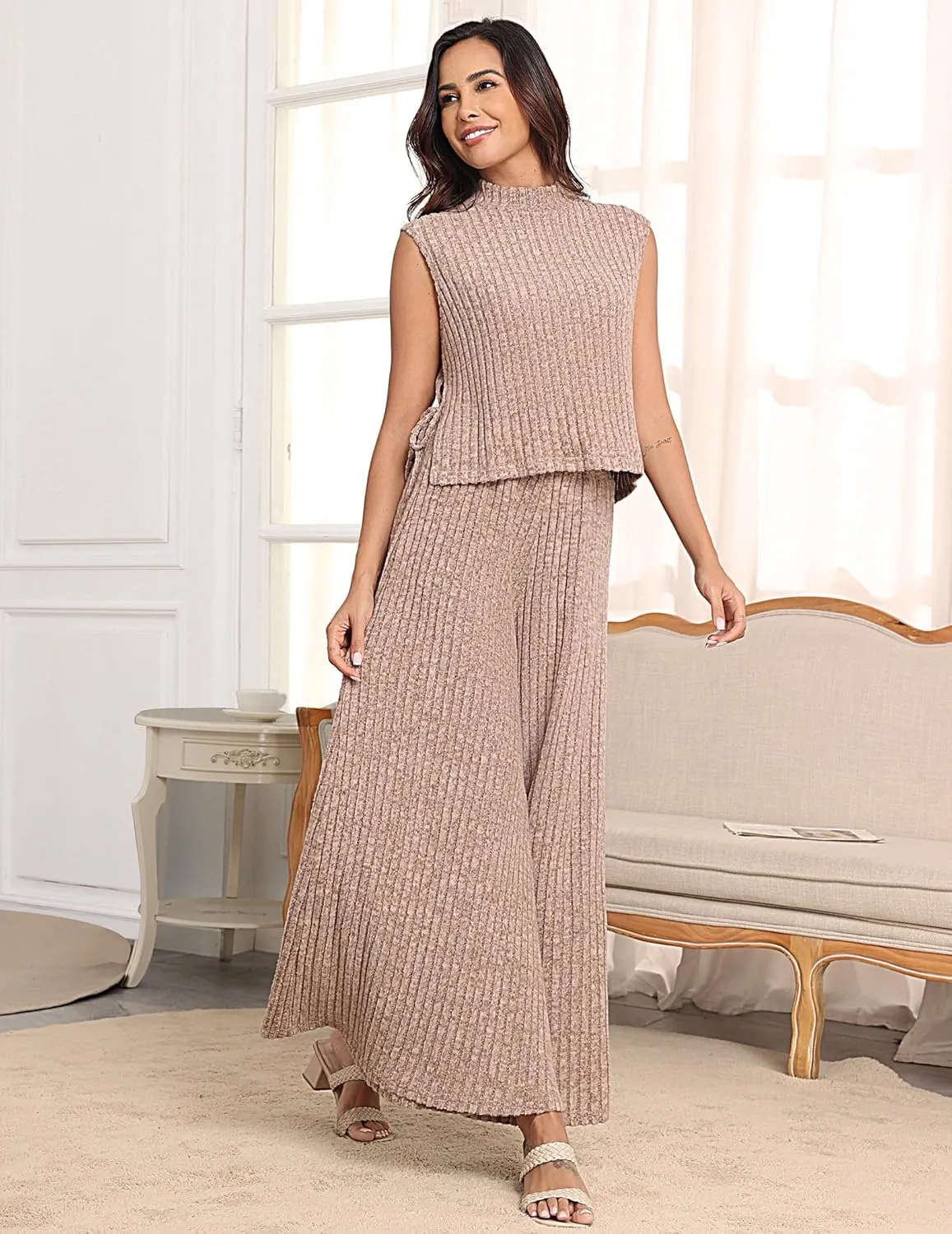 Womens 2 Piece Sets Sleeveless with Wide Leg Pants with Pockets Lounge Wear Outfits Pajama Sets