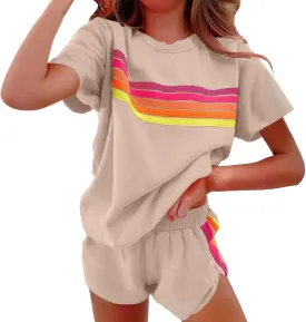 Womens 2 Piece Short Sets Casual Rainbow Striped Crewneck Short Sleeve Tops Elastic Shorts Outfits Lounge Tracksuits