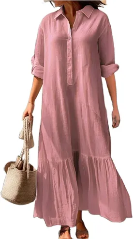 Women's Cotton Linen Maxi Dress Casual Button Down Shirt Dress Loose Tiered Ruffle Hem Dresses