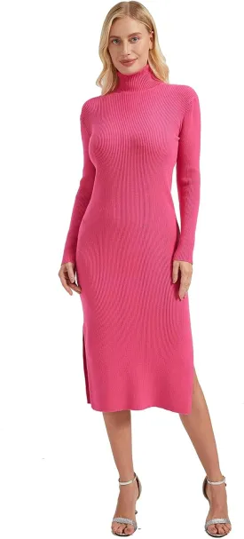 Women's Long Sleeve Turtleneck Rib Knit Side Slit Bodycon Midi Dress