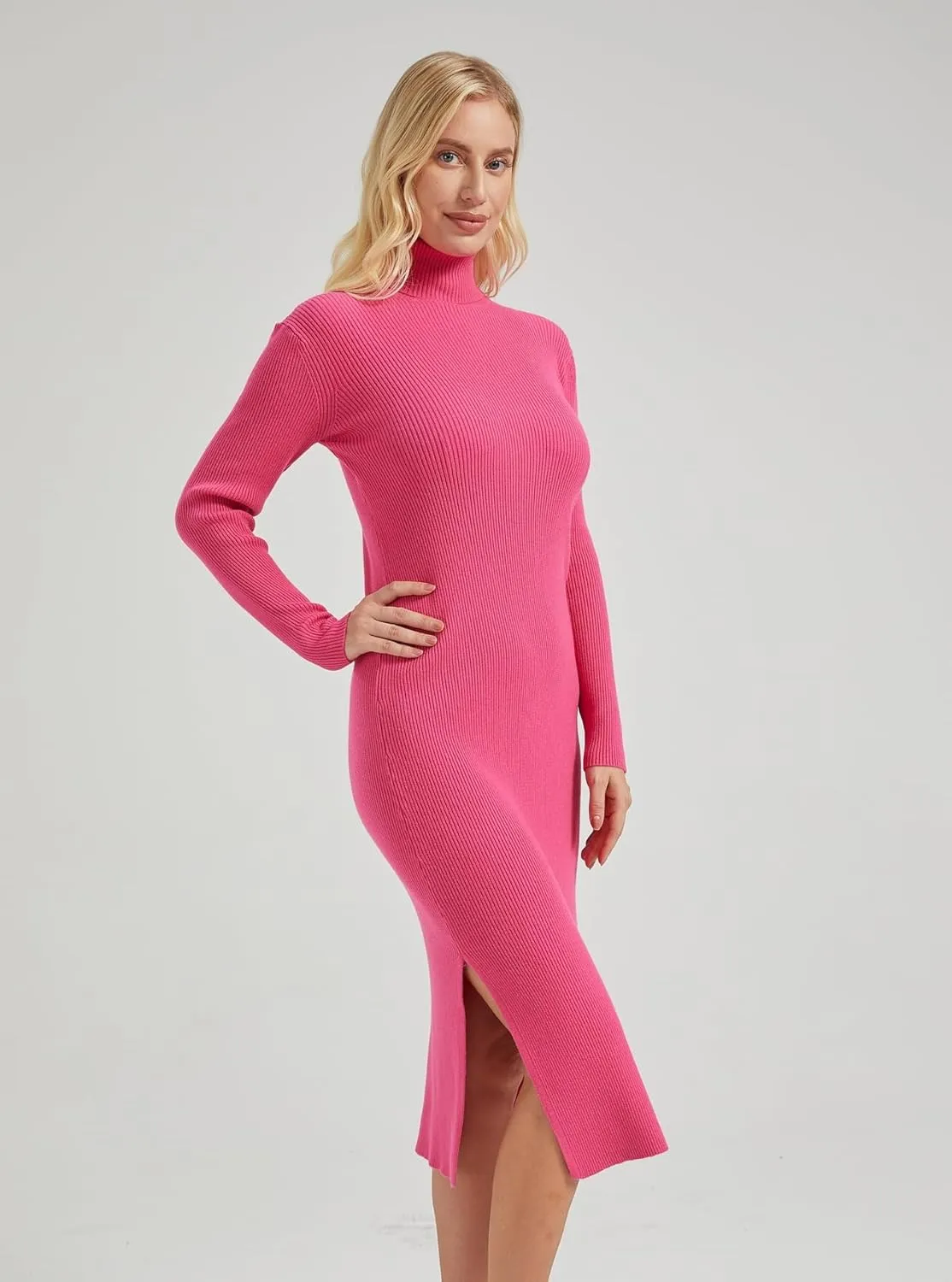 Women's Long Sleeve Turtleneck Rib Knit Side Slit Bodycon Midi Dress