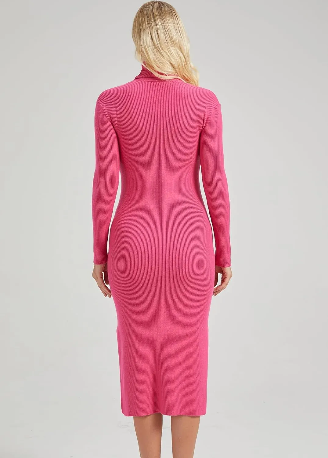 Women's Long Sleeve Turtleneck Rib Knit Side Slit Bodycon Midi Dress