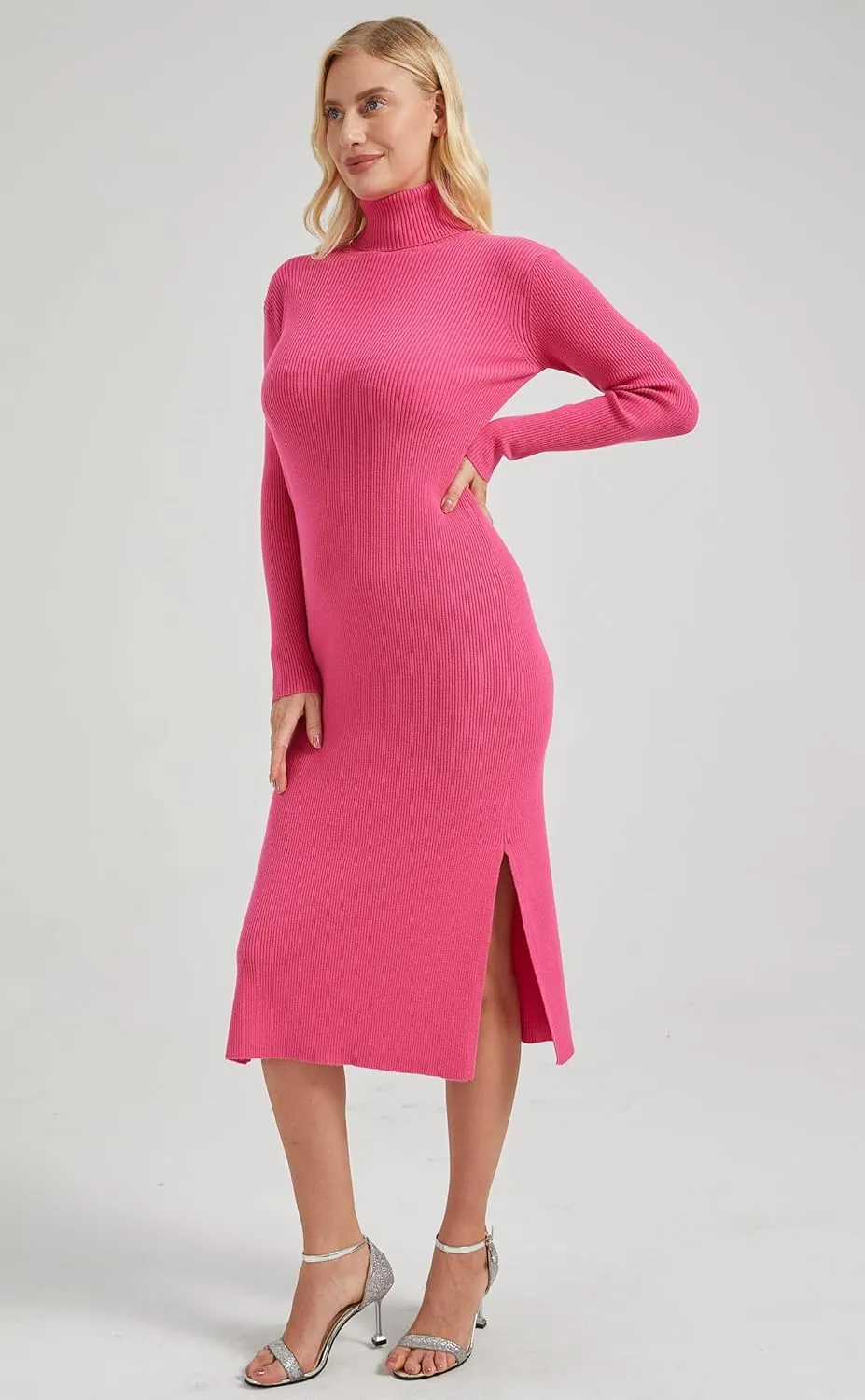 Women's Long Sleeve Turtleneck Rib Knit Side Slit Bodycon Midi Dress