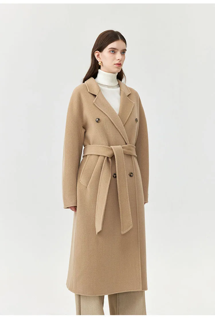Women's loose double-breasted lace-up wool coat