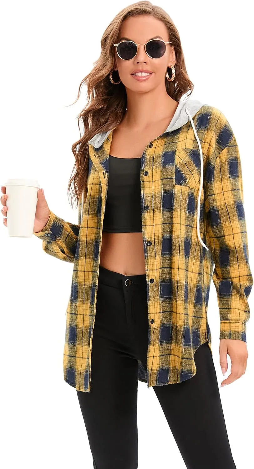 Women's Plaid Flannel Shirts Hoodie Long Sleeve Oversized Shirt Jacket Button Down Blouse Tops