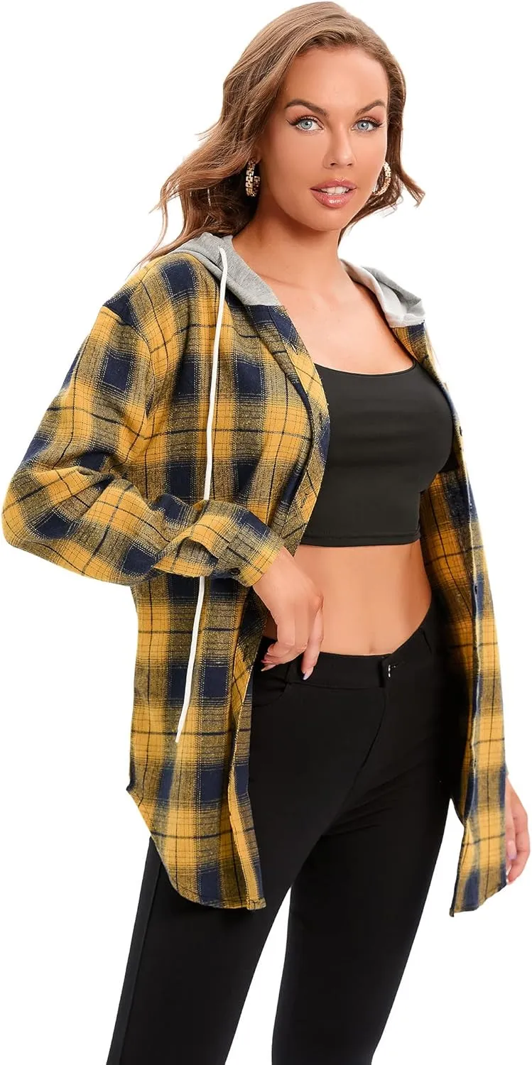 Women's Plaid Flannel Shirts Hoodie Long Sleeve Oversized Shirt Jacket Button Down Blouse Tops